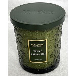New Bellevue Luxury Candle 12 Oz Fern & Rainwater Green Glass Hostess gift